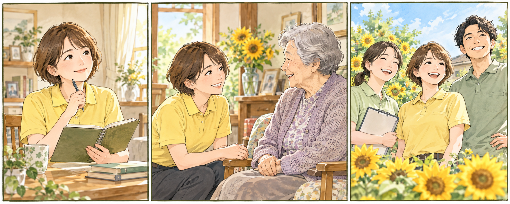 訪問介護の仕事を考え、利用者に寄り添い、仲間と笑顔で働く様子を描いたイラスト